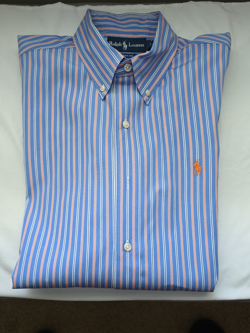 Ralph Lauren Blue Shirt with White and Orange Stripes